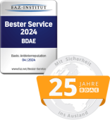 Siegel 25 Jahre BDAE und Ausgezeichnete Kundentreue - Branchensieger Spezialversicherungen